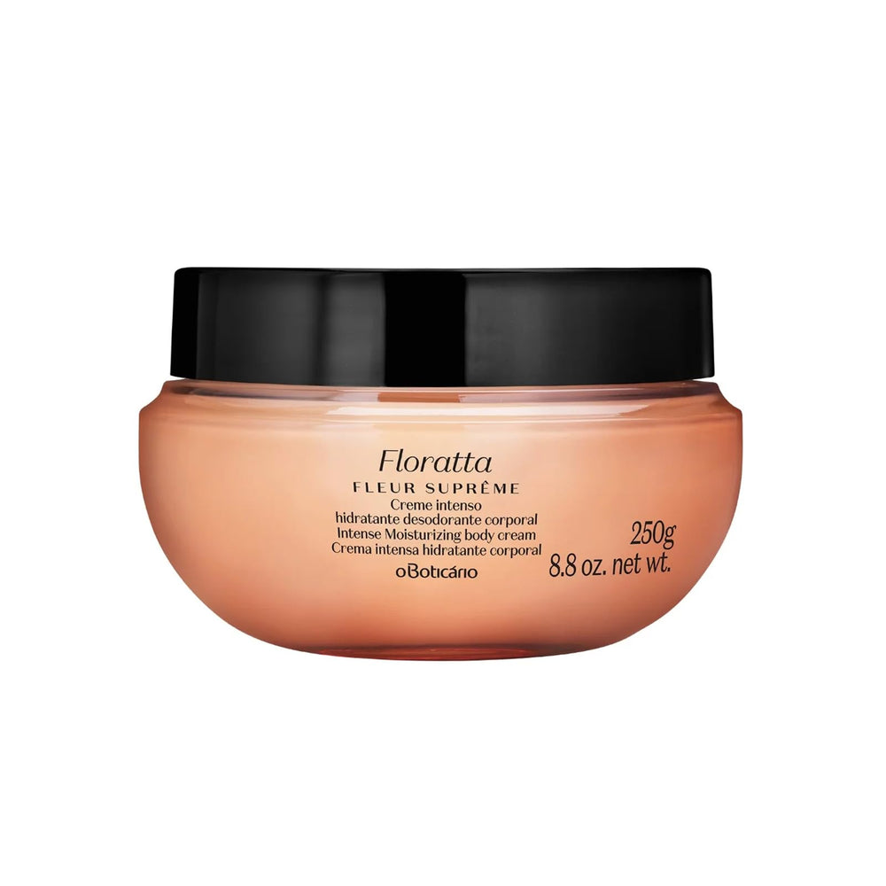 O Boticario Floratta Fleur Supreme satin cream jar for deep hydration and fragrance.