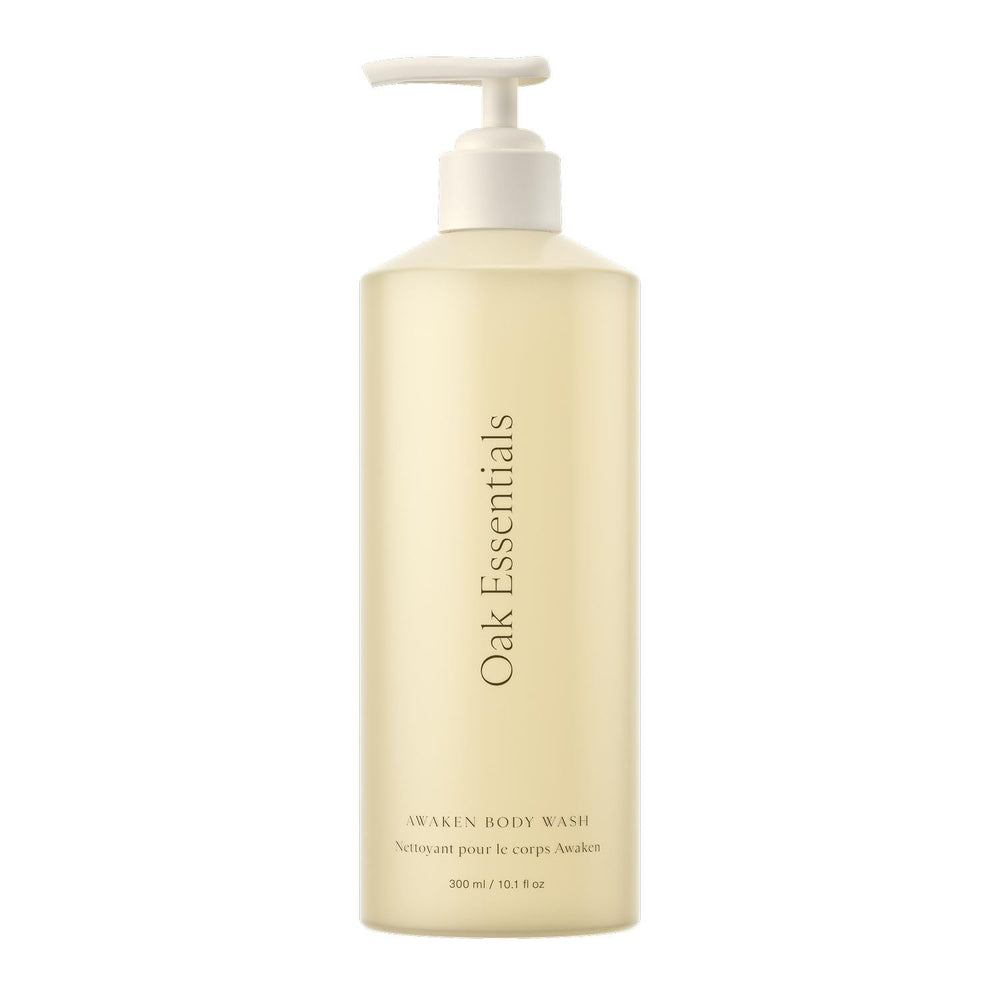 Oak Essentials Awaken body wash bottle front highlights lavender and cedar aroma for a refreshing cleanse