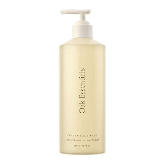 Oak Essentials Awaken body wash bottle front highlights lavender and cedar aroma for a refreshing cleanse