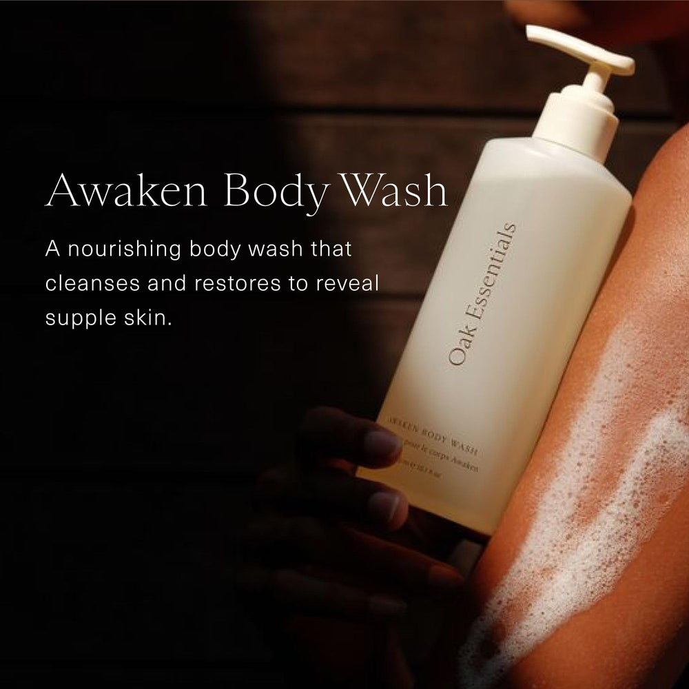 Oak Essentials Awaken bottle pour showcases rich lather with hydrating Rice Bran Extract for smoother skin