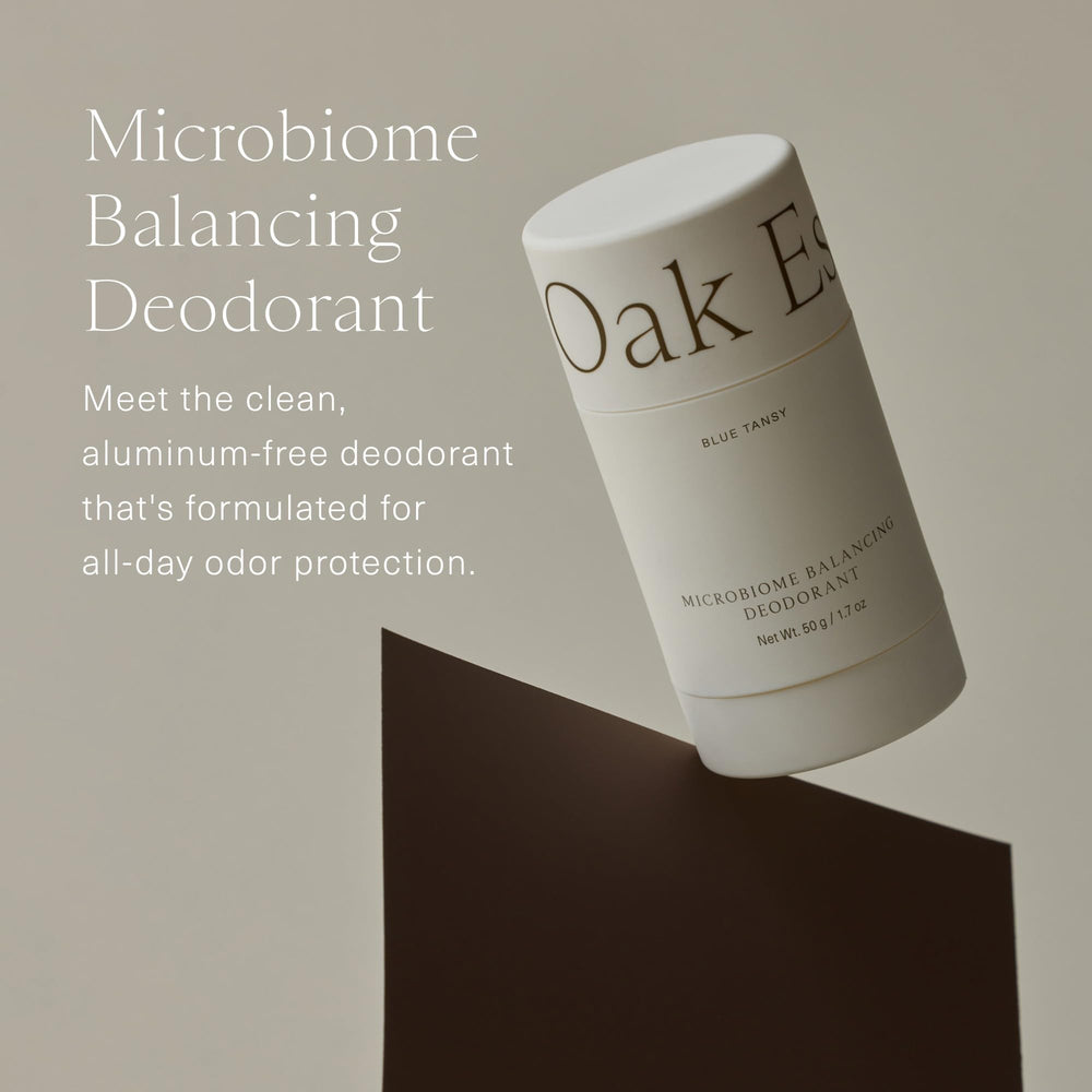 Oak Essentials blue tansy swirl on deodorant highlighting soothing care