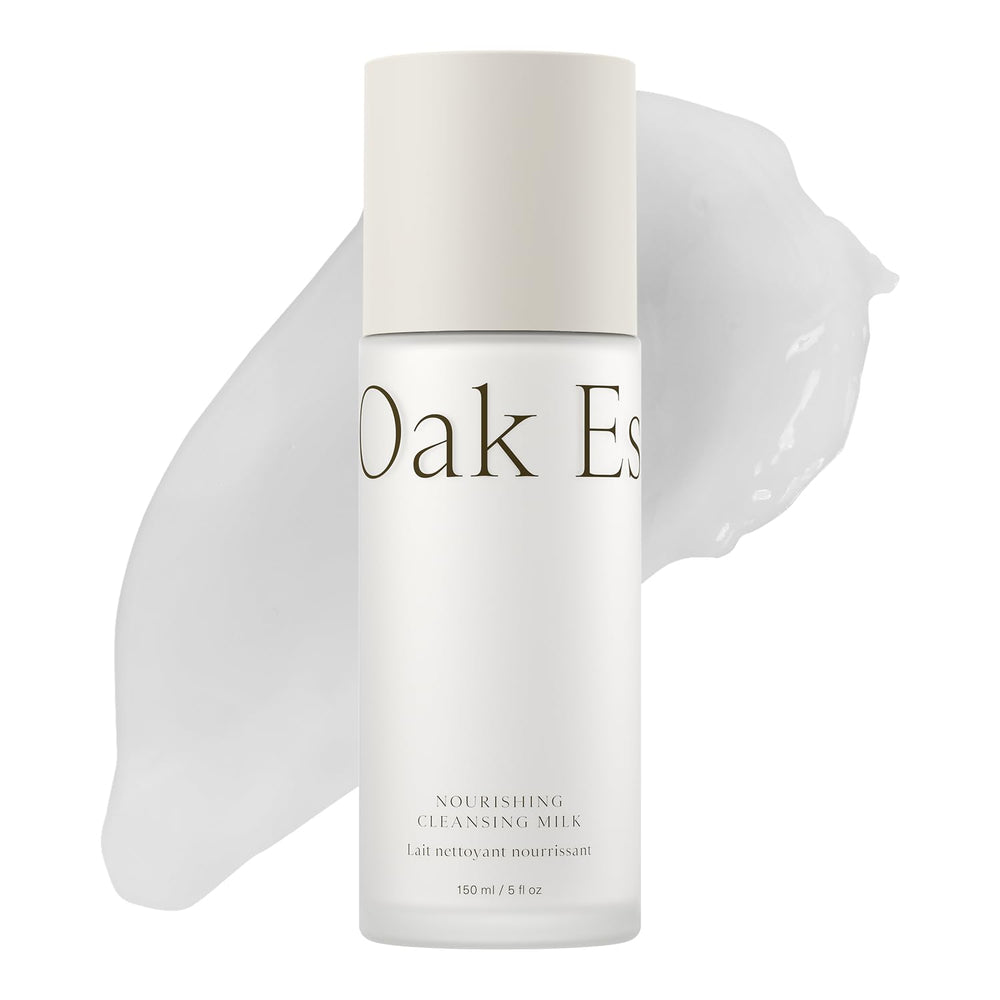 Oak Essentials Nourishing Cleansing Milk bottle shown for gentle makeup removal and hydrating finish.