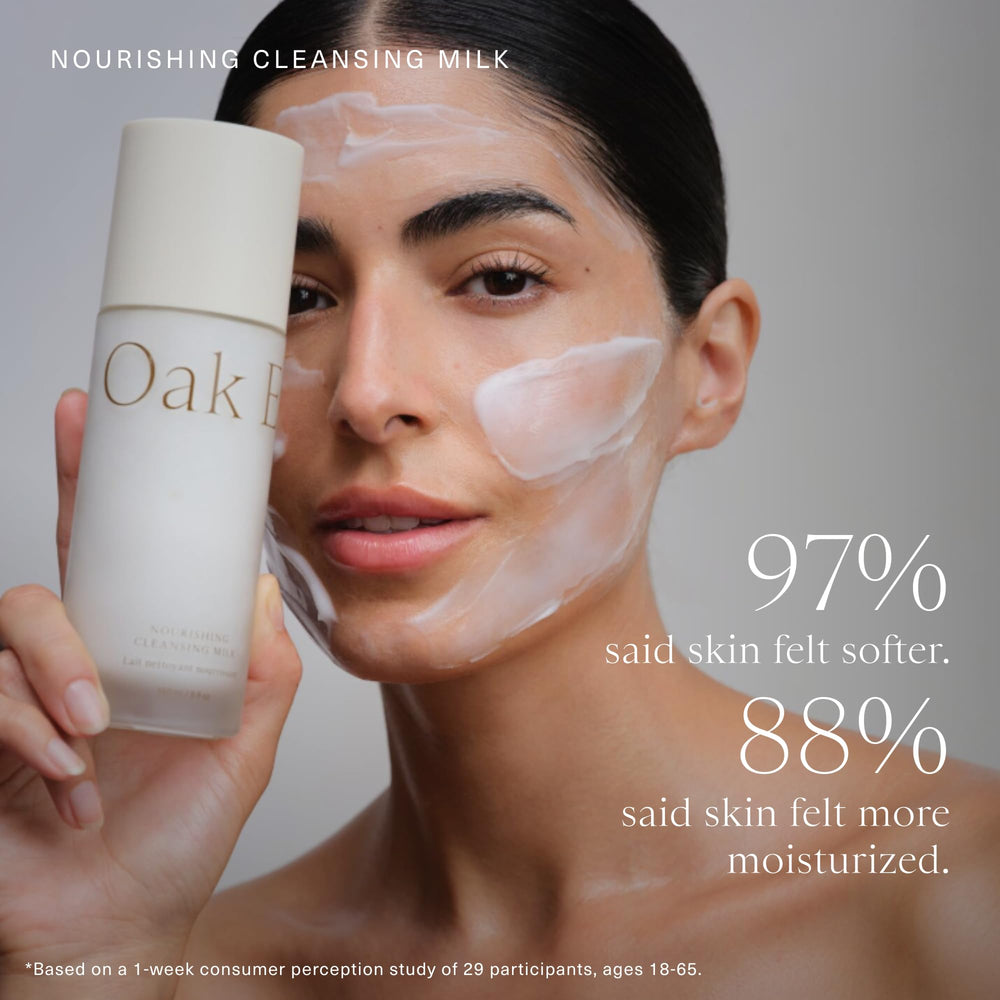 Oak Essentials Nourishing Cleansing Milk rice bran focus highlights vitamin-rich nourishment for skin.