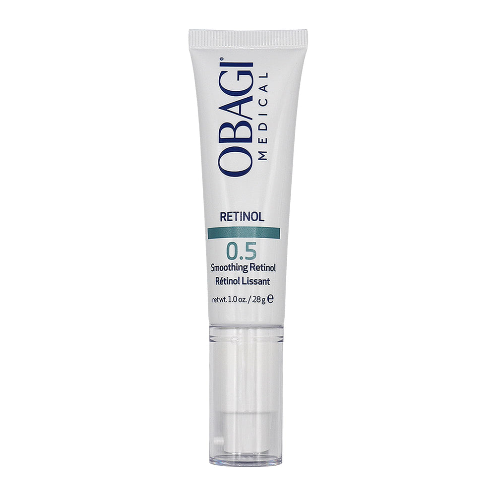 Obagi Medical Retinol 0.5 cream bottle close-up highlights gentle delivery for smoother skin.