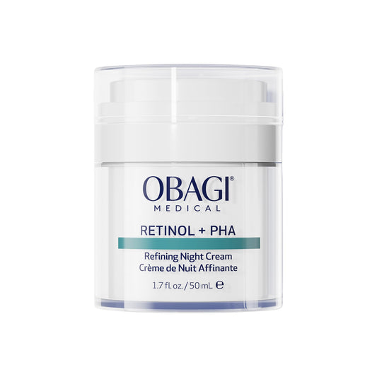 Obagi Medical Retinol PHA Refining Night Cream jar on a vanity for overnight renewal