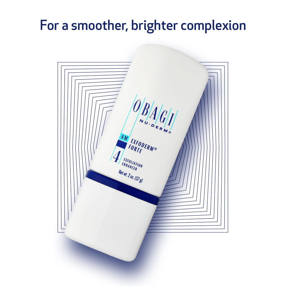 Obagi Nu-Derm Exfoderm Forte lotion on skin conveys gentle, effective exfoliation for brighter-looking skin.