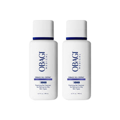 Obagi Nu-Derm Foaming Gel bottle on sink for a refreshing cleanse.