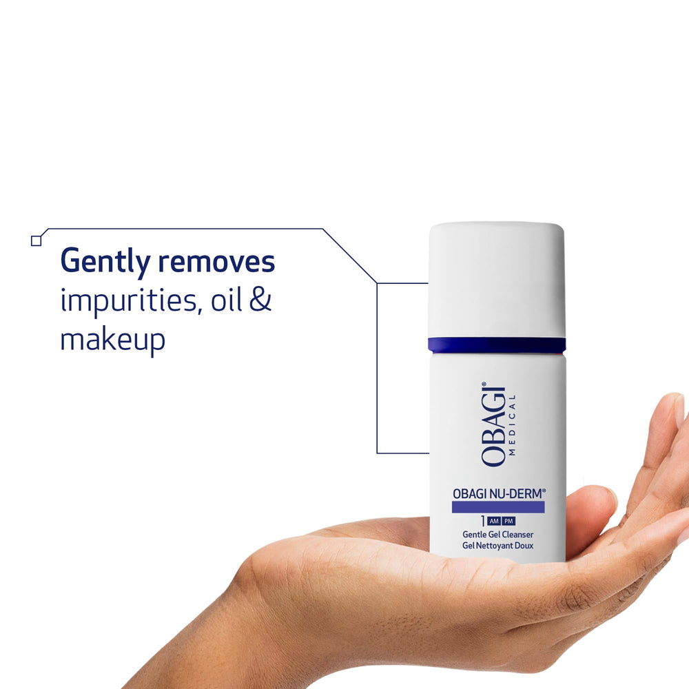 Obagi Nu-Derm Gentle Cleanser packaging front highlights travel-friendly design.