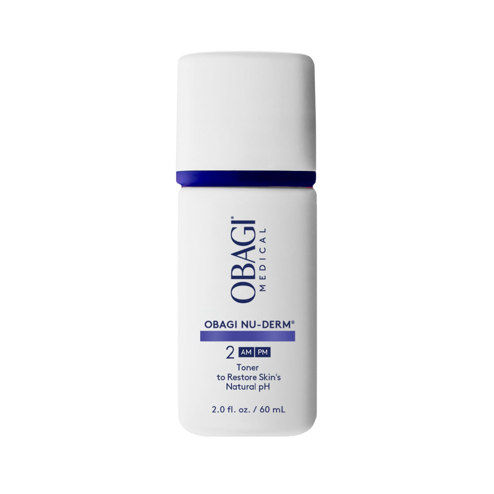 Obagi Nu-Derm Toner bottle front shows alcohol-free formula for sensitive skin.