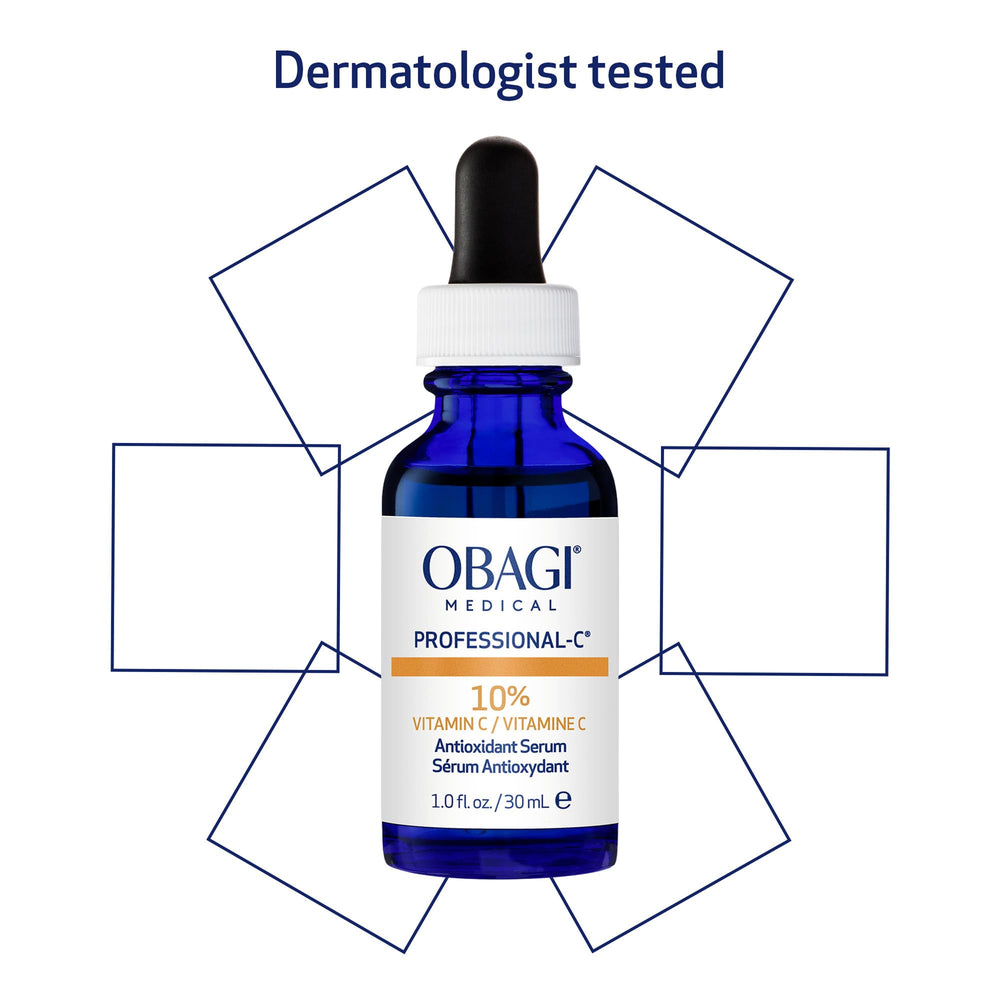 Obagi Professional-C 10% serum packaging and label signaling dermatologist-grade formulation.