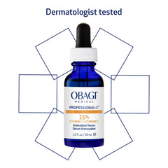 Glass bottle of Obagi serum on a clean white surface.