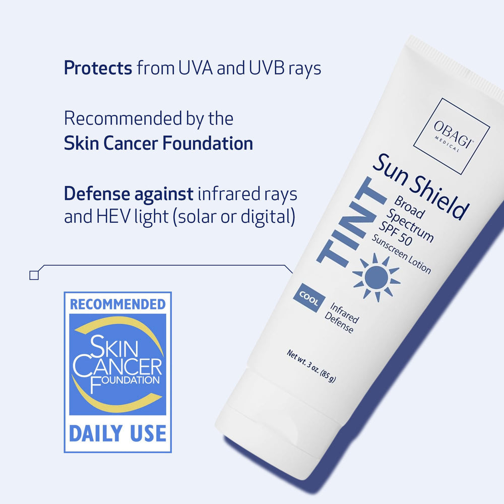 Obagi Sun Shield tinted sunscreen swatch on hand shows sheer, blendable coverage.