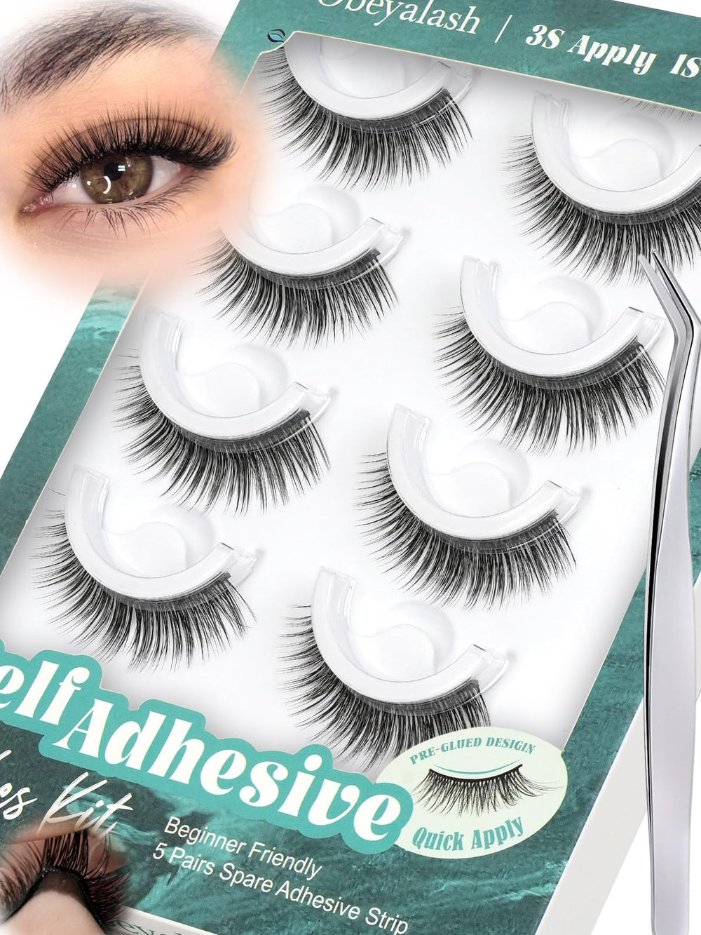Obeyalash self-adhesive eyelash set in 15mm doll-eye style with glue-free wear