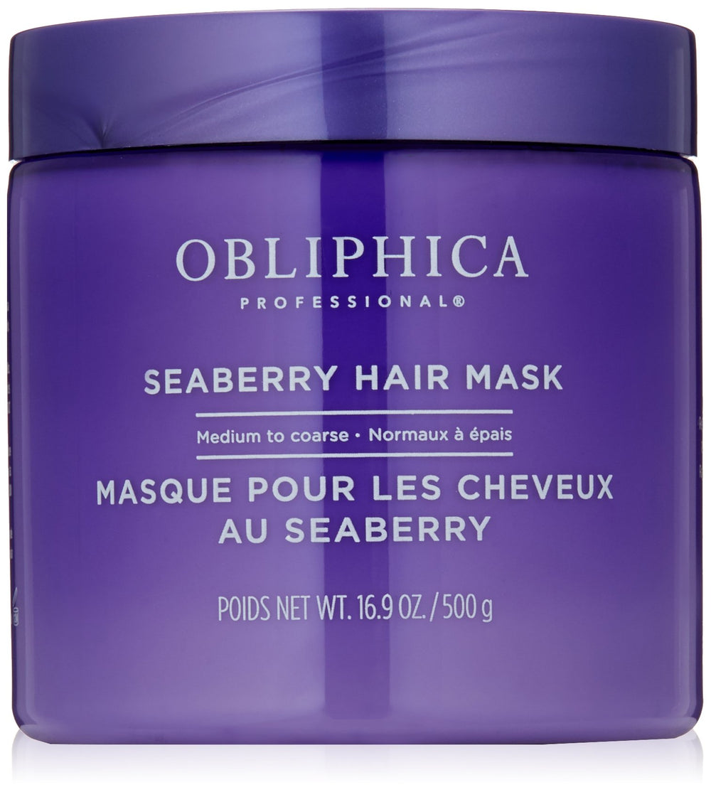 Obliphica Professional Seaberry Mask bottle shows nourishing formula for thicker, shinier hair.