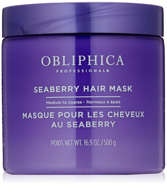Obliphica Professional Seaberry Mask bottle shows nourishing formula for thicker, shinier hair.