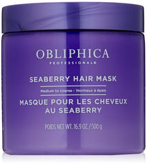 Obliphica Professional Seaberry Mask bottle shows nourishing formula for thicker, shinier hair.
