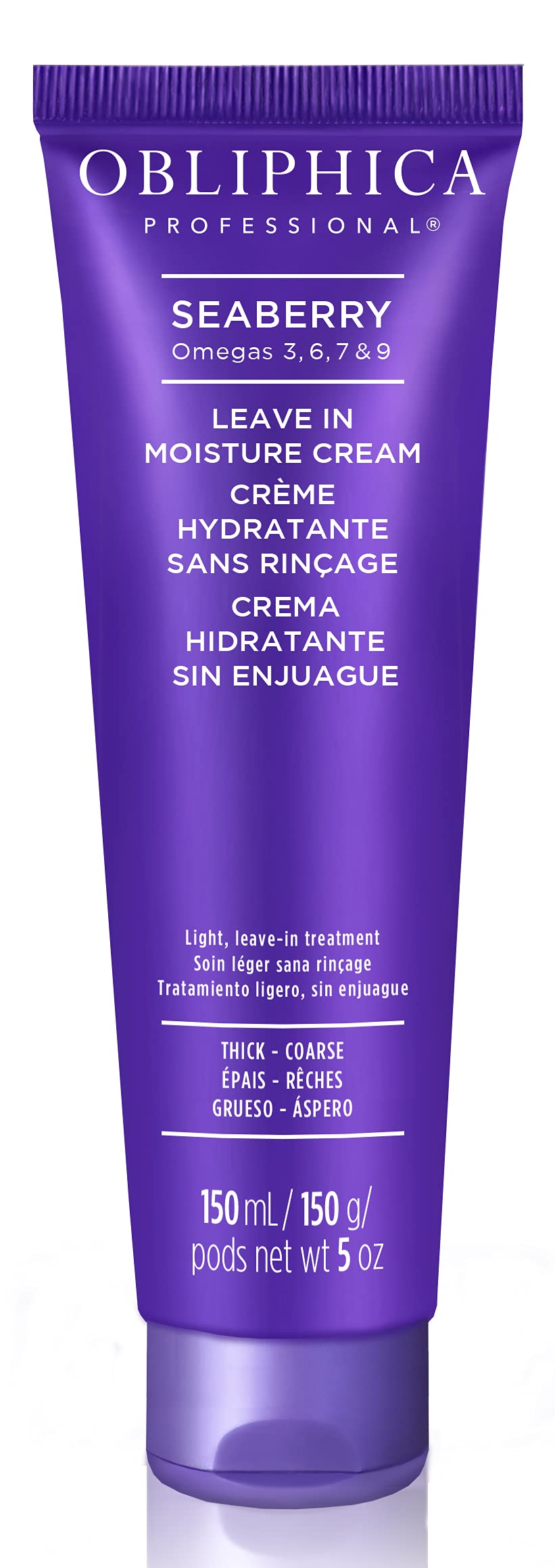 Obliphica Seaberry Leave-In bottle delivering anti-frizz hydration for daily styling.