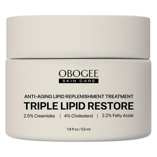 OBOGEE Triple Lipid Restore jar closeup with ceramides for deep hydration.