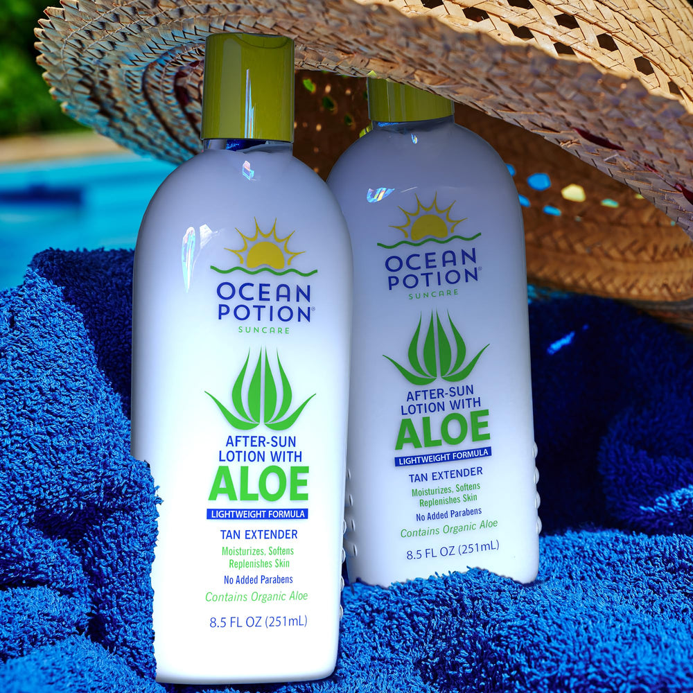 Ocean Potion After Sun Lotion tube closeup emphasizes clean, paraben-free formula