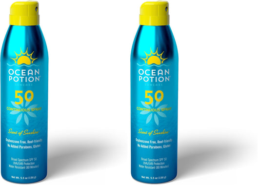 Ocean Potion sunscreen body spray SPF50 bottle front view for easy outdoor reapplication
