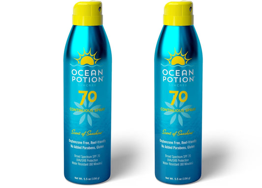 Ocean Potion Sunscreen Body Spray SPF70 bottle close-up for strong sun protection.