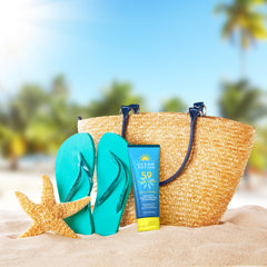 Aloe leaf and vitamin E closeup in Ocean Potion SPF50 formula for skin care.