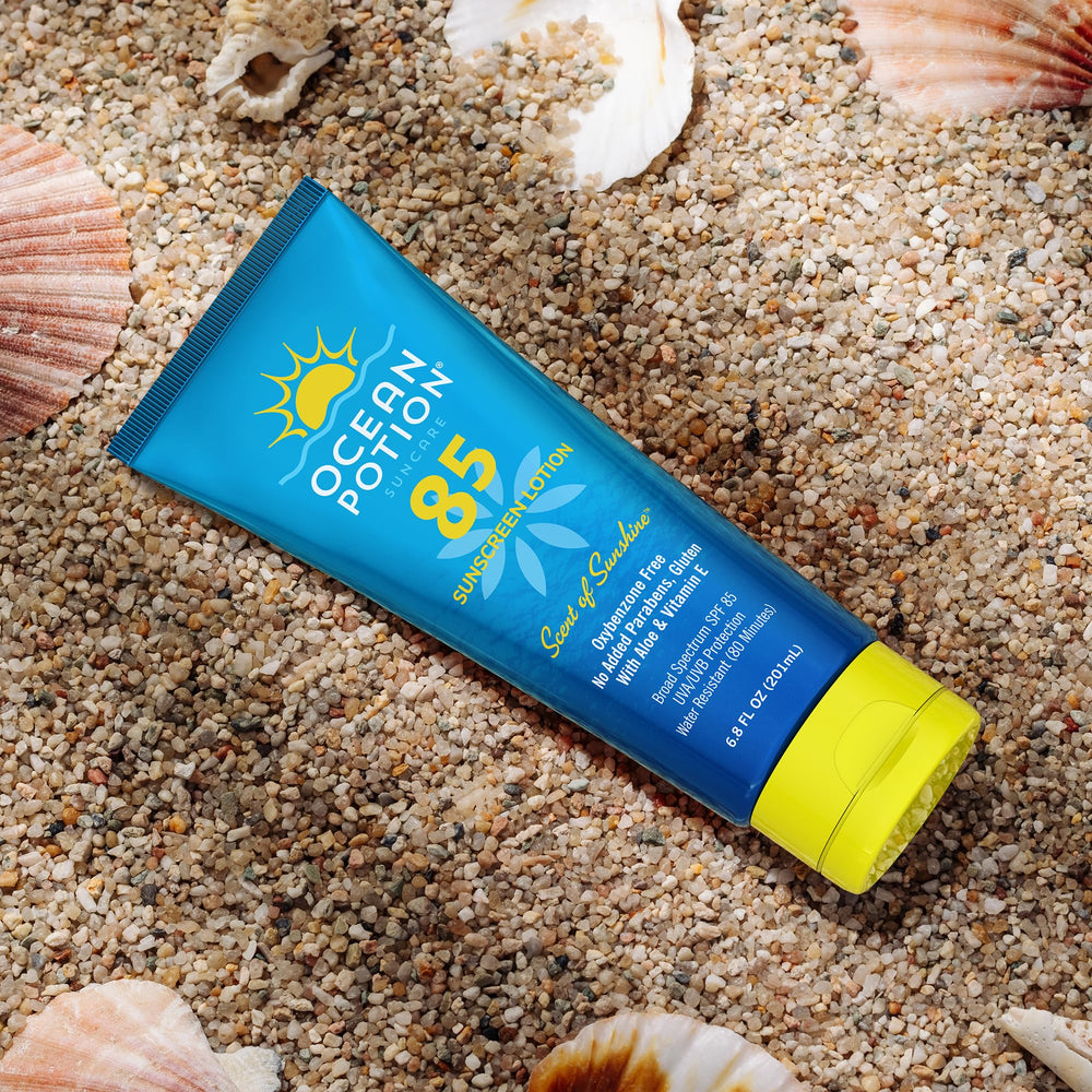 Ocean Potion Sunscreen Lotion SPF85 two-pack in travel bag usage.