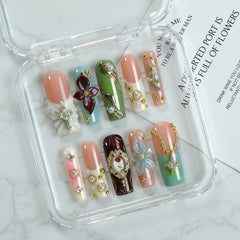 OCOUYVD handmade press-on nails long square with pearl rhinestones for elegant evenings.