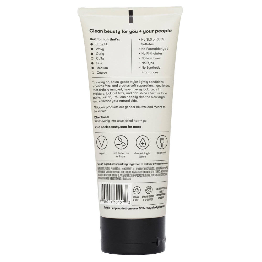 Odele Air Dry Styler dermatologist-tested vegan formula label on packaging.