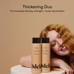 Odele Hair Thickening Conditioner bottle highlights strengthening formula for thinning strands.
