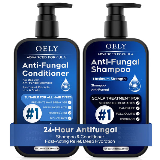 Oely antifungal shampoo bottle pour indicating soothing scalp care and blast of freshness