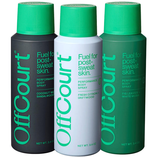 OffCourt natural deodorant bottle front view highlights aluminum-free formula for all-day freshness.