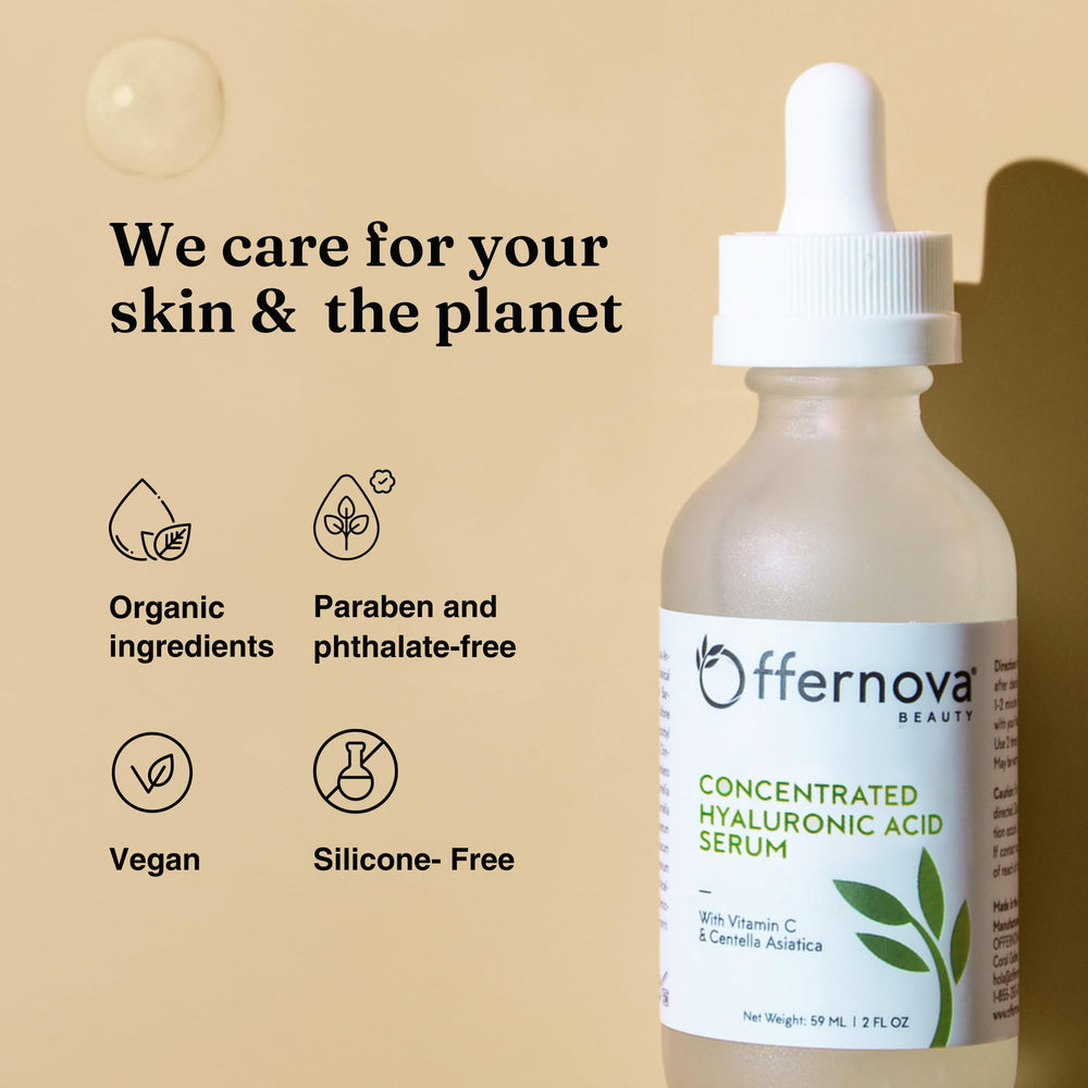 Offernova serum with eco-friendly packaging indicating cruelty-free vegan formula.