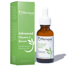 Offernova vitamin C serum bottle showing 20% potency for brightening
