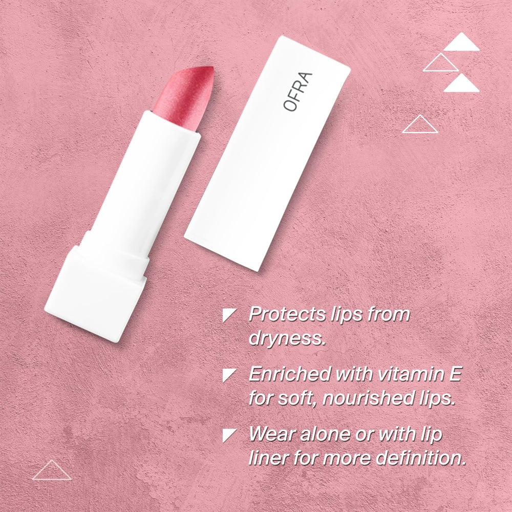 Ofra Pink Shimmer lips close-up shows vibrant shade with luminous shimmer.