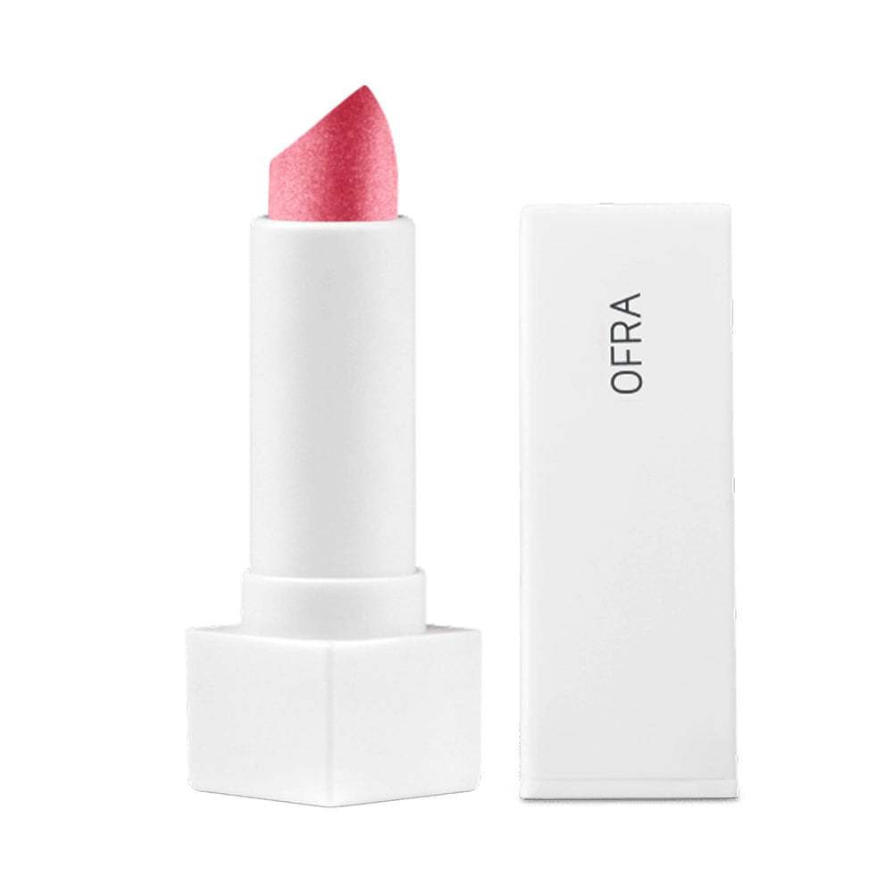 Ofra Pink Shimmer lipstick swatch shows rich pigment and subtle shimmer for quick checks.