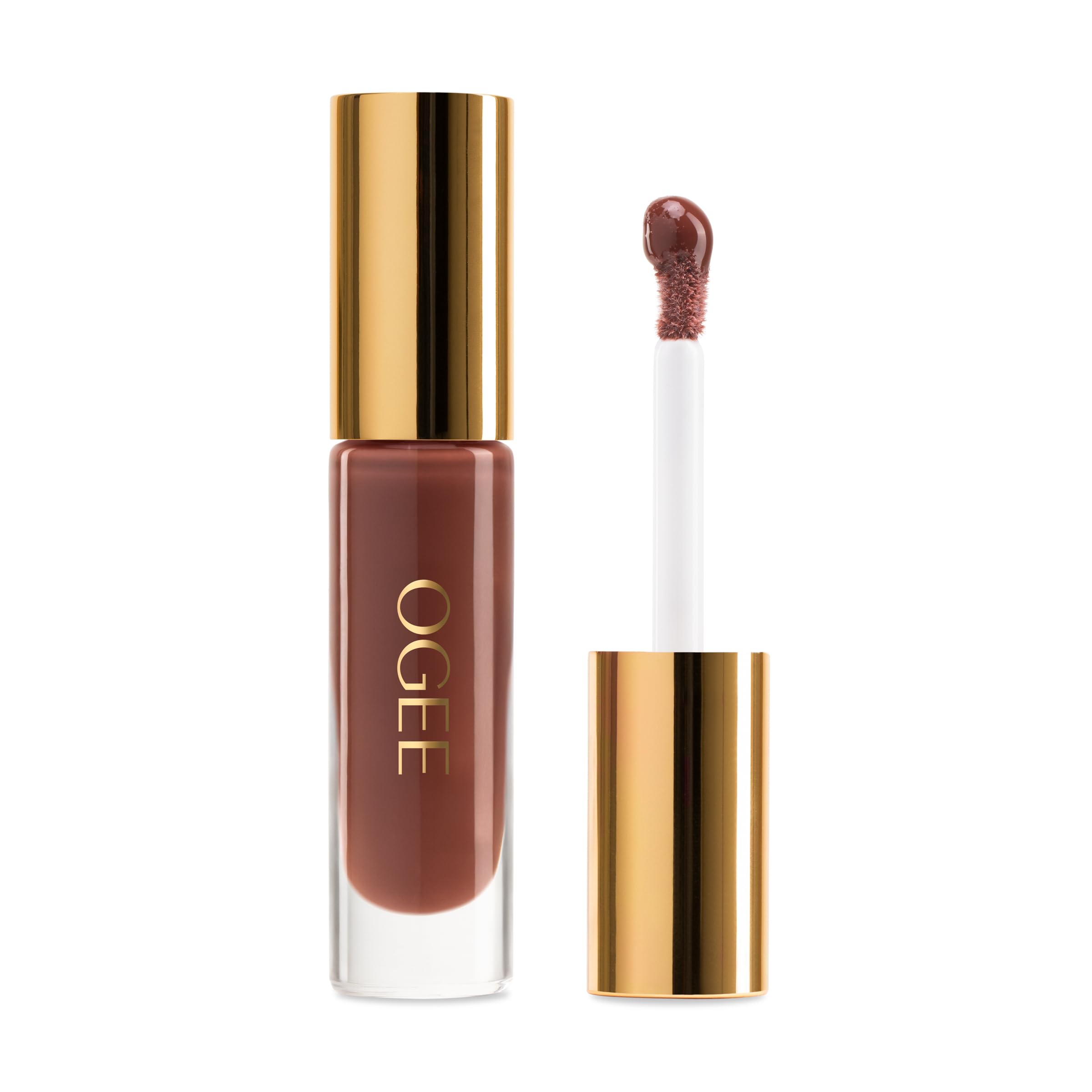 Ogee Beyond Clean Lip Gloss bottle in Foxglove shows rich rosy brown shine.