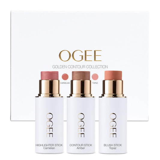 Ogee Face Stick Trio packaging highlights organic formula for on-the-go glow.
