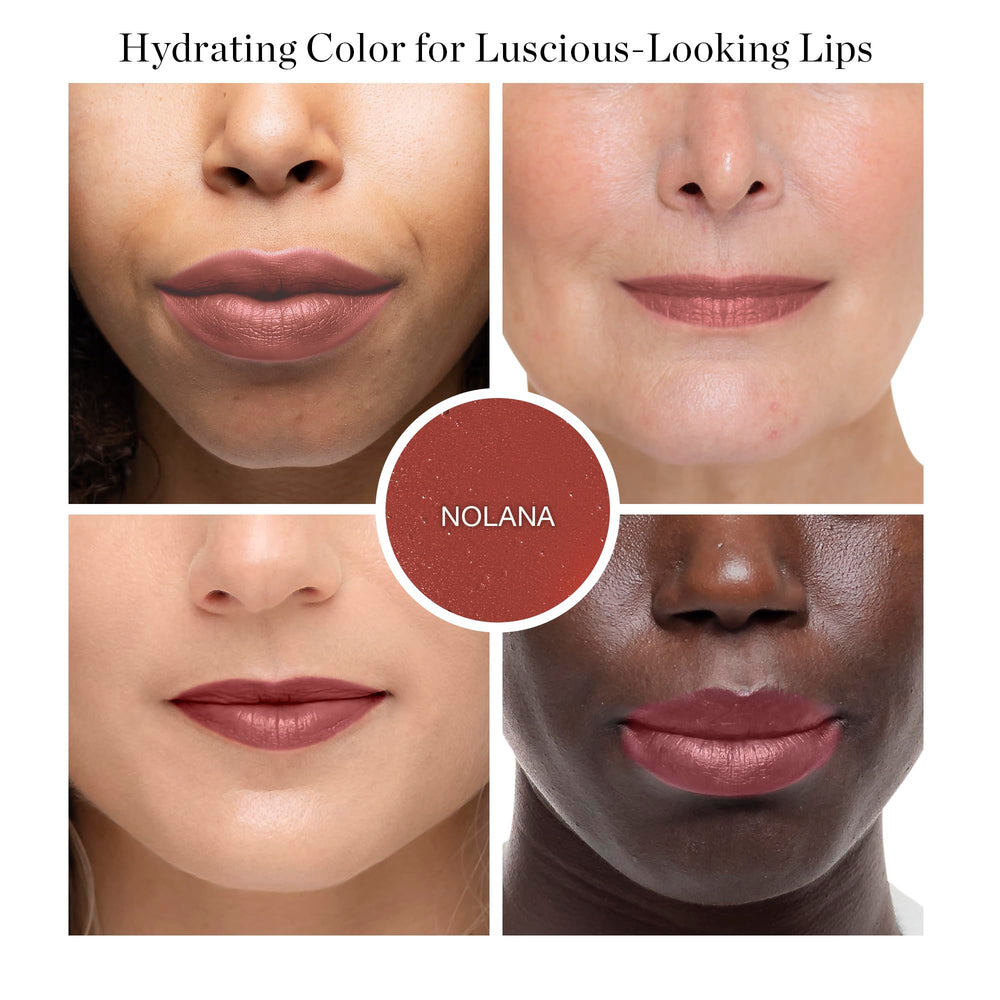 Ogee Nolana terracotta swatch on lips demonstrating buildable color and hydration