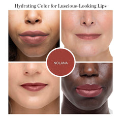 Ogee Nolana terracotta swatch on lips demonstrating buildable color and hydration