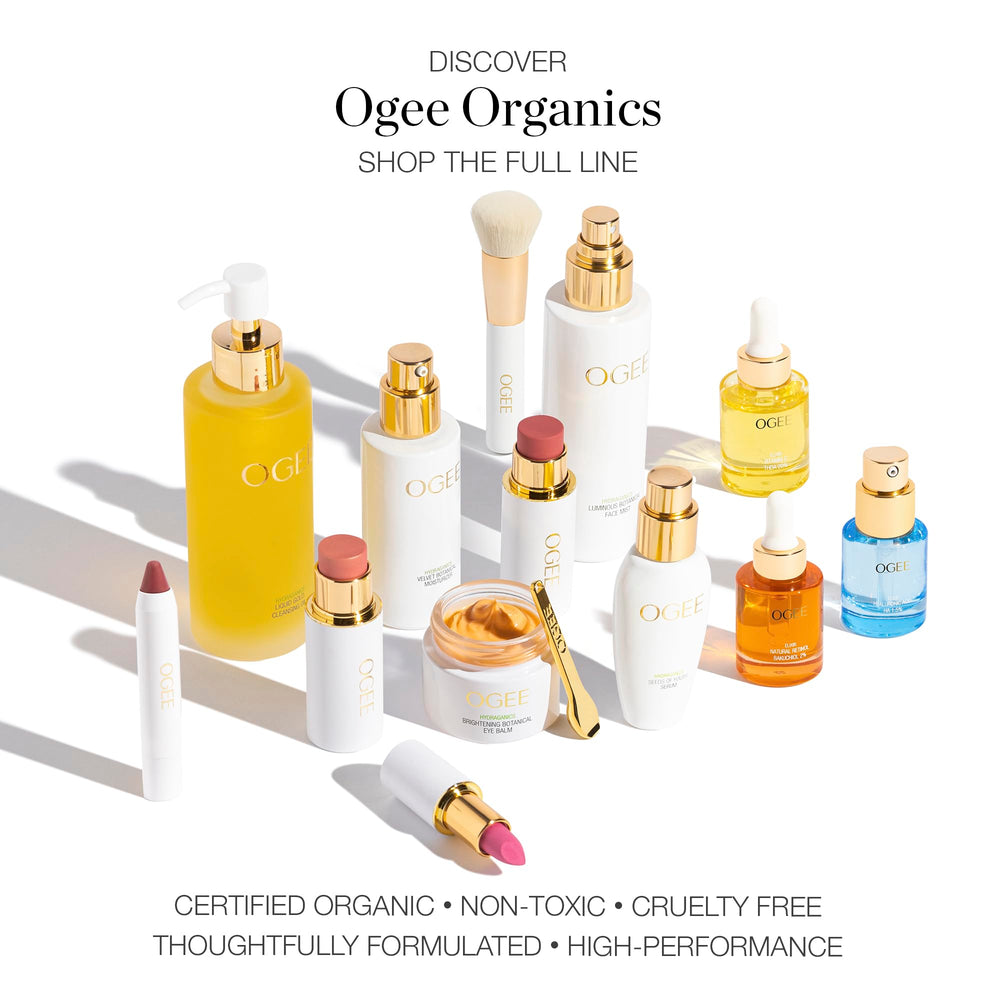 Ogee Rosalia final glossy finish on lips with a light tint.