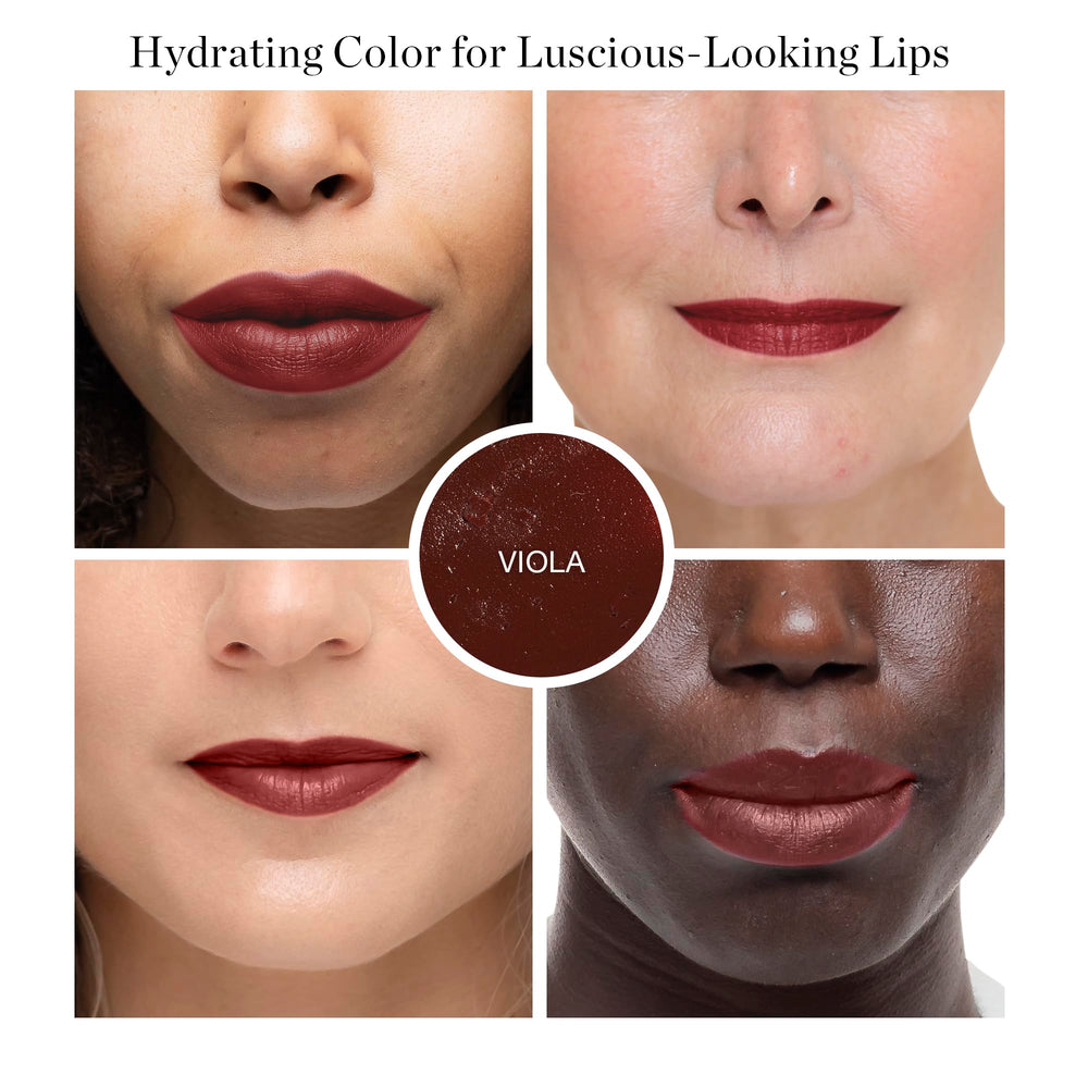Viola Lip Tint Oil swatch on lip shows berry brown color and subtle shine.