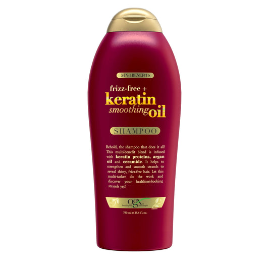 OGX Frizz-Free Keratin Shampoo bottle front showing smoothing action