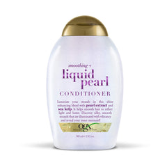 OGX Smoothing Liquid Pearl Conditioner bottle highlights radiant shine and hydration.