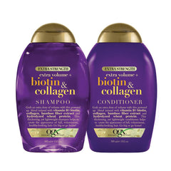 OGX volumizing shampoo and conditioner pair on a store shelf.