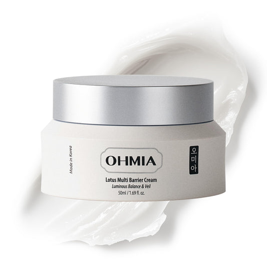 OHMIA Lotus Multi Barrier Cream bottle with pump, fragrance-free for sensitive skin.