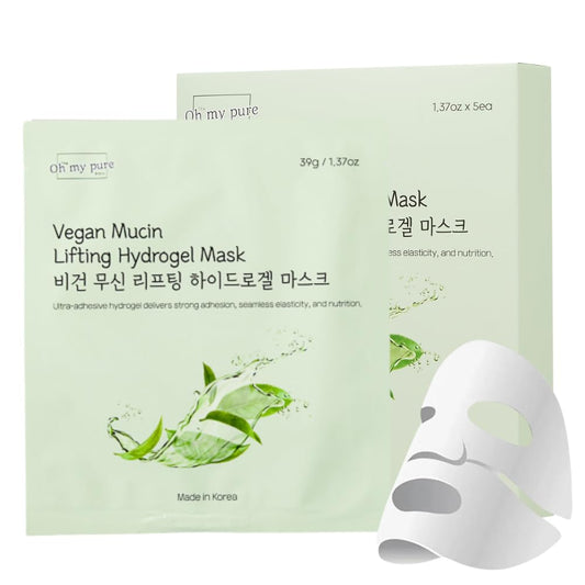 Oh My Pure vegan mucin lifting hydrogel mask packaging—clean, green-certified formula for daily self-care.