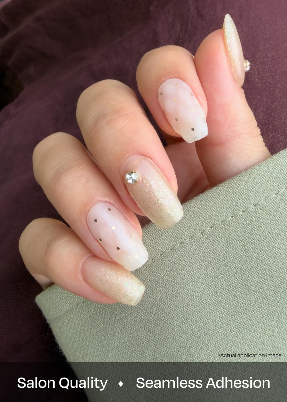 Ohora Champagne Glow applied on nails for salon-like shine.