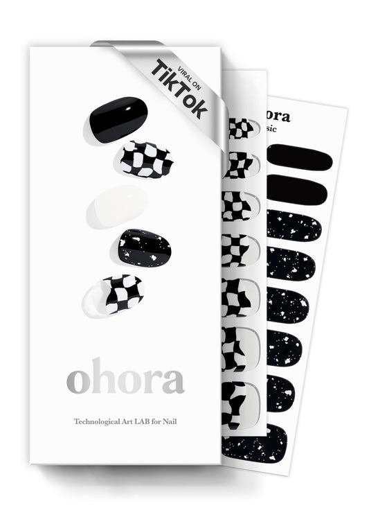 ohora dark checkers semi-cured gel nail strips offer durable wear with minimal chipping