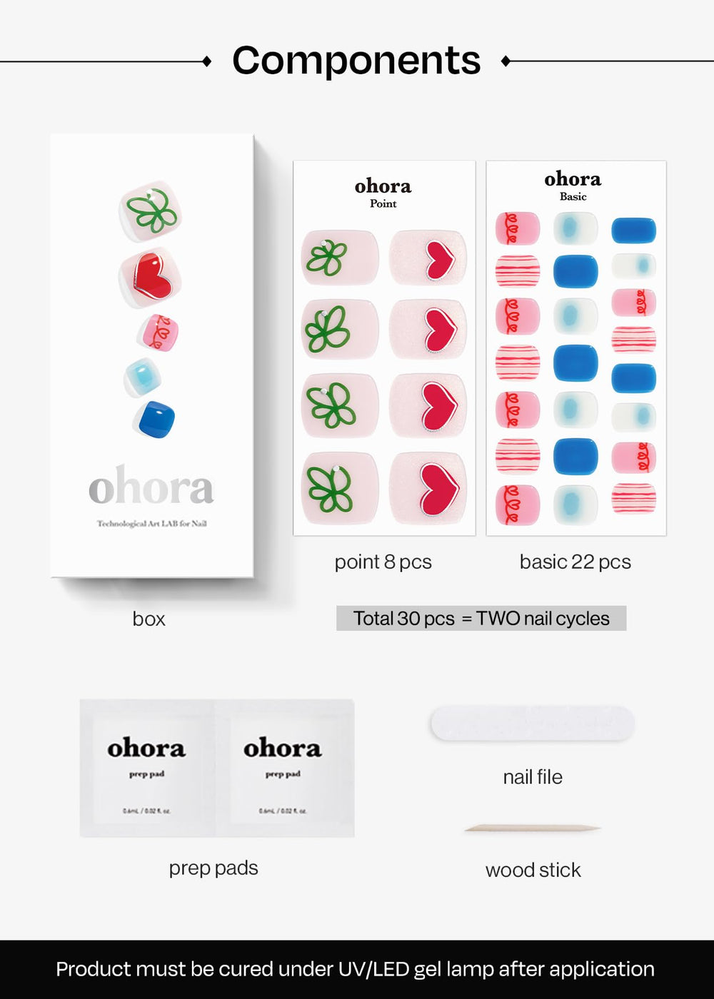 ohora Semi Cured Gel Pedi Strips include prep pads, nail file, and wooden stick for prep and removal